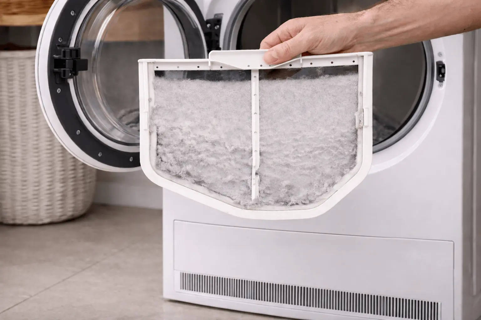 Filtersysteem van een warmtepompdroger: filters bij de deuropening en/of filterlade moeten schoon en droog zijn voor goede luchtcirculatie.