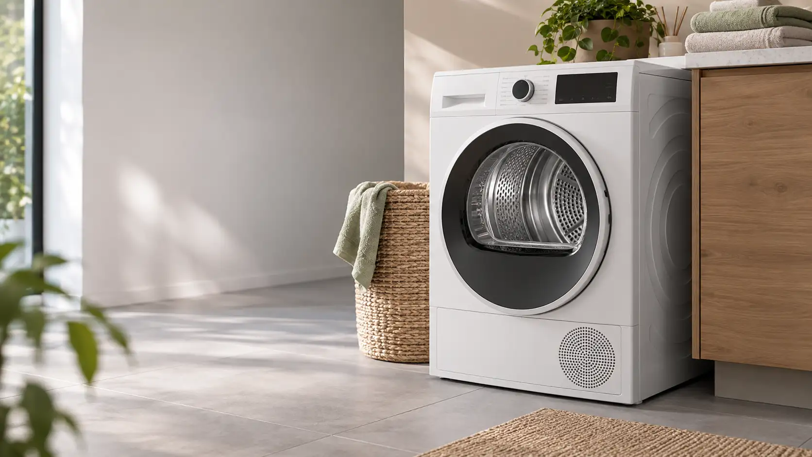 Moderne warmtepompdroger in een lichte wasruimte als illustratie bij Bosch SelfCleaning Condensor