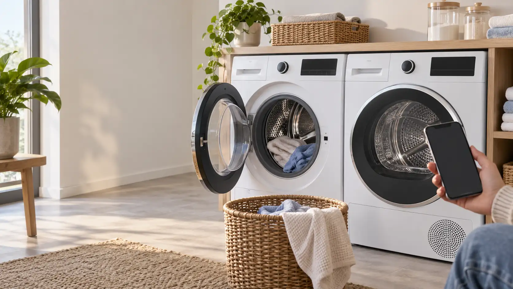 Moderne wasmachine en wasdroger naast elkaar met een smartphone in een rustige wasruimte