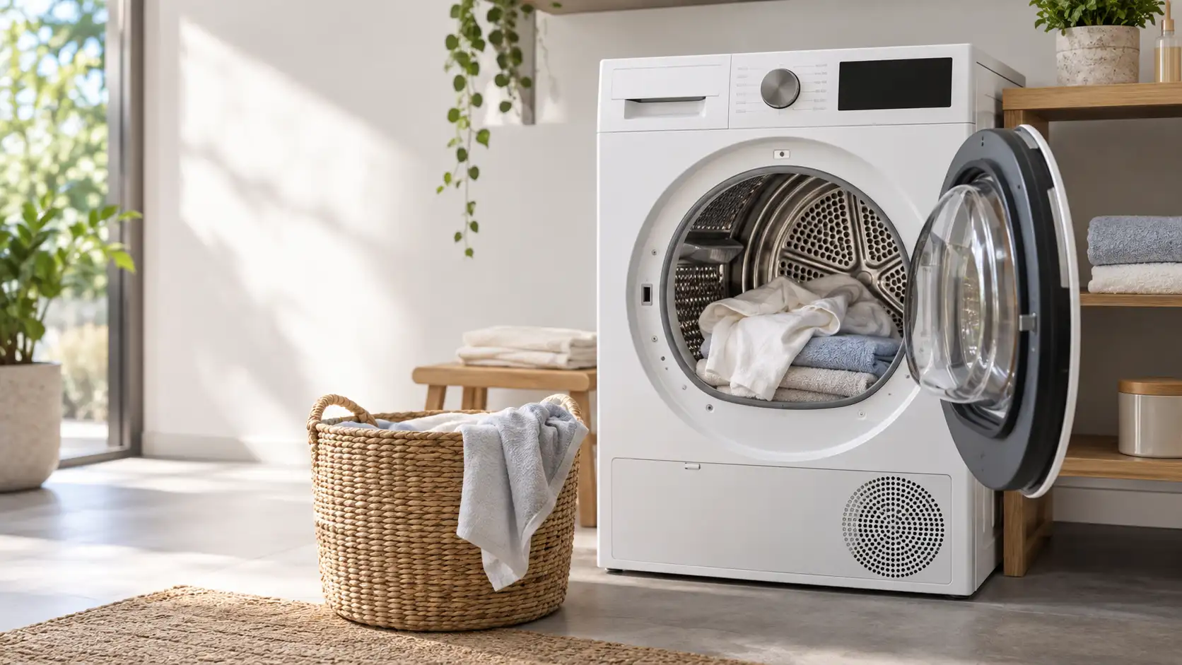Moderne warmtepompdroger met droge katoenen kleding in een lichte, rustige wasruimte