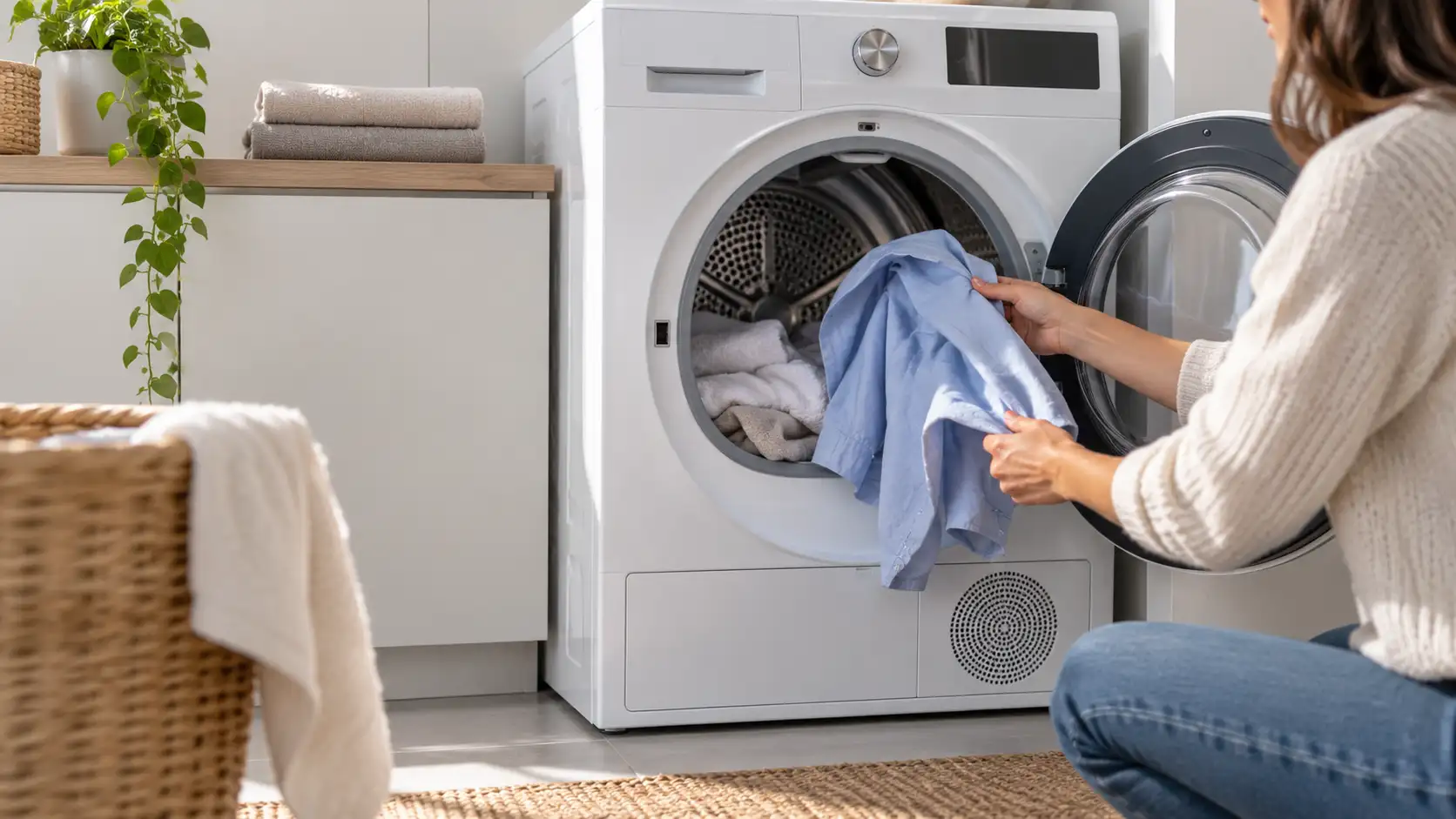Moderne warmtepompdroger met droge kleding in een rustige, lichte wasruimte